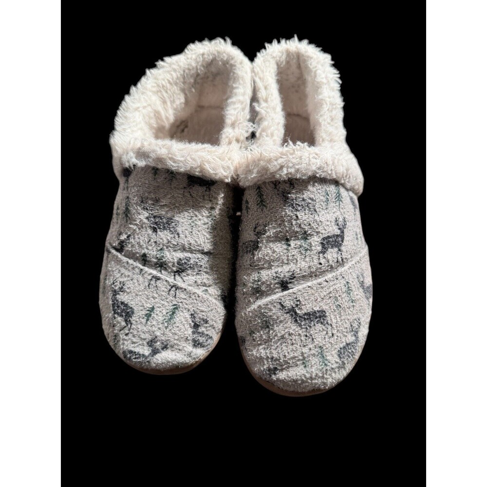 TOMS Slippers Faux Fur Lined Memory Foam Youth Size 1 Deer Print Gray